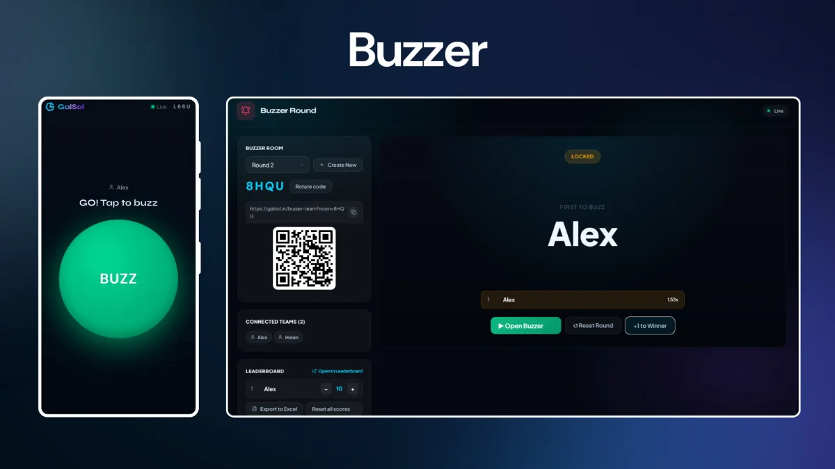 Event Assets Buzzer Round — host console and team buzzer screen